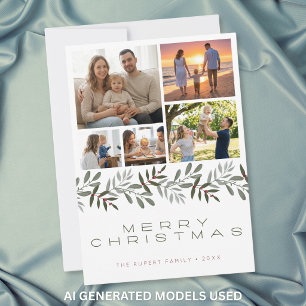 Modern Minimal 5 Photo Collage Merry Christmas Holiday Card