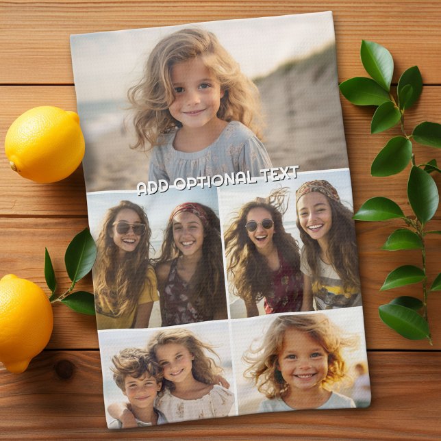 Modern Minimal 5 Photo Collage with Text Tea Towel (Custom Kitchen Towel with Photo Collage)