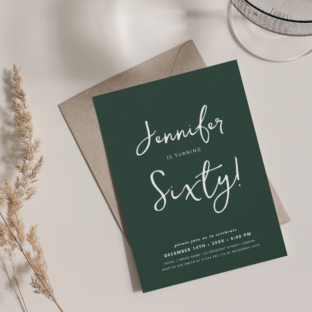 Modern Minimal 60th Birthday Script Emerald  Invitation (Modern Minimal 60th Birthday Script Emerald Invitation)