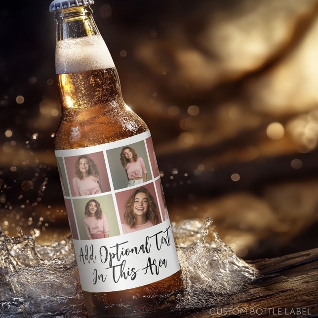 Modern Minimal 8 Photo Grid Collage - White Beer Bottle Label (Custom Beer Bottle Label - Photo Label)