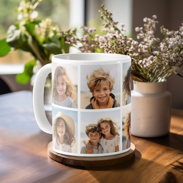Modern Minimal 8 Photo Grid Collage - White Coffee Mug (Personalized mug template with a funky 8 photo collage )