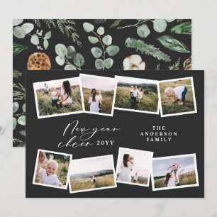 Modern minimal 8 photo new year black family holiday card