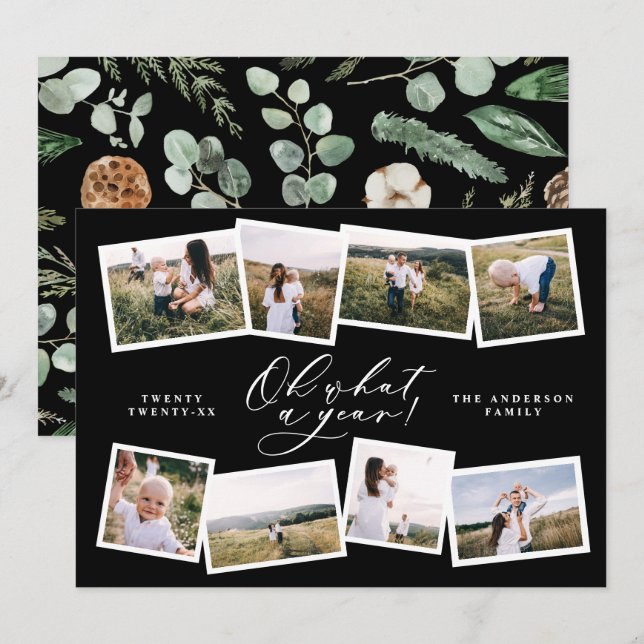 Modern minimal 8 photo new year black family holiday card (Front/Back)