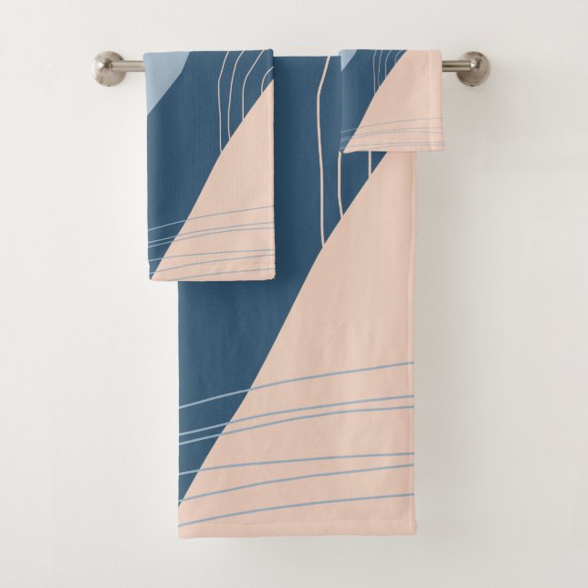 Modern minimal abstract geometric blue & pink bath towel set (Insitu)