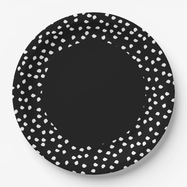Modern Minimal Abstract Polka Dot Black and White Paper Plate (Front)