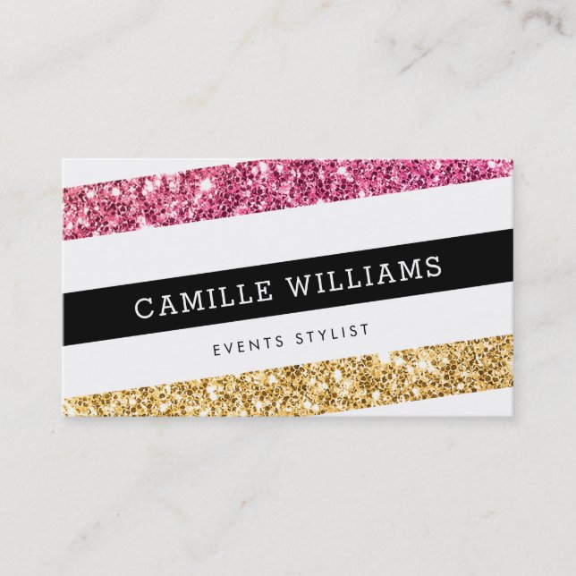 MODERN MINIMAL angle stripe bold gold pink glitter Business Card (Front)