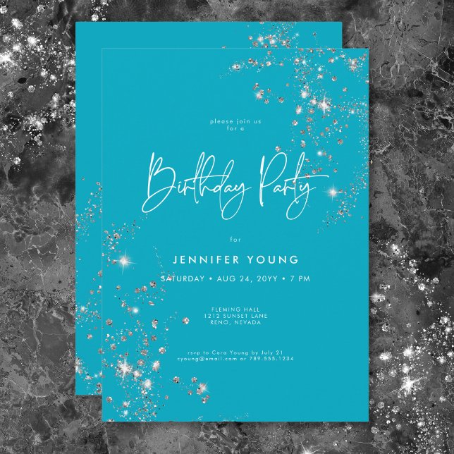 Modern Minimal Aqua White Glam Diamonds Birthday Invitation (Modern Minimal Aqua White Glam Diamonds Birthday Invitation)