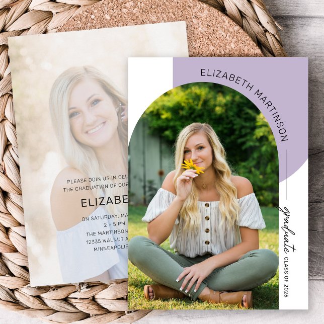 Modern Minimal Arch 2 Photo Purple Graduation Invitation (Creator Uploaded)