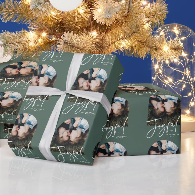 Modern minimal arch photo sage green joyful wrapping paper (Holidays)