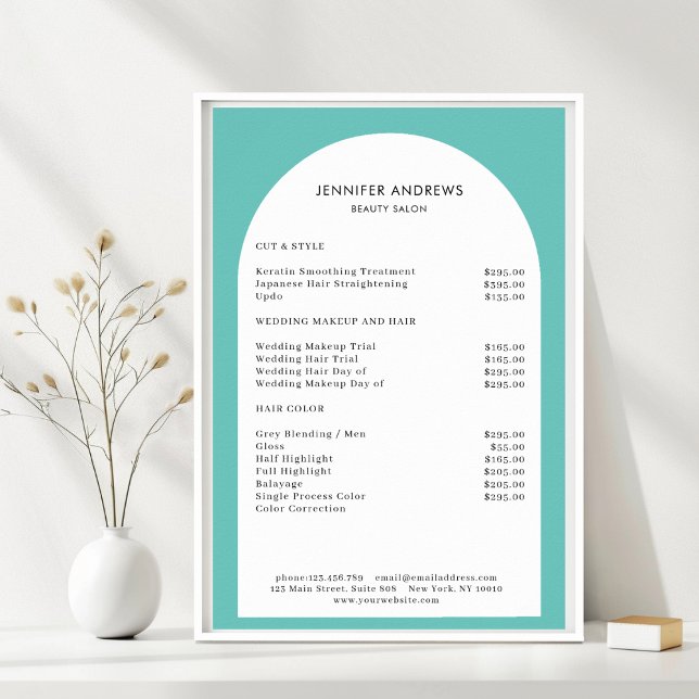 Modern Minimal Arch Teal Salon Price List Poster (Modern Minimal Arch Teal White Salon Price List. Prints & Instant Download Available.)