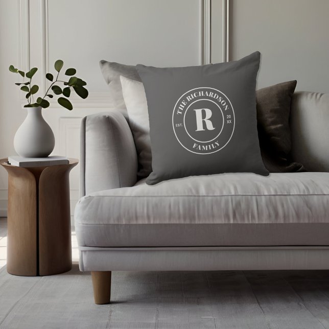 Modern Minimal Ash Grey  Family Monogram Stamp  Cushion (Creator Uploaded)