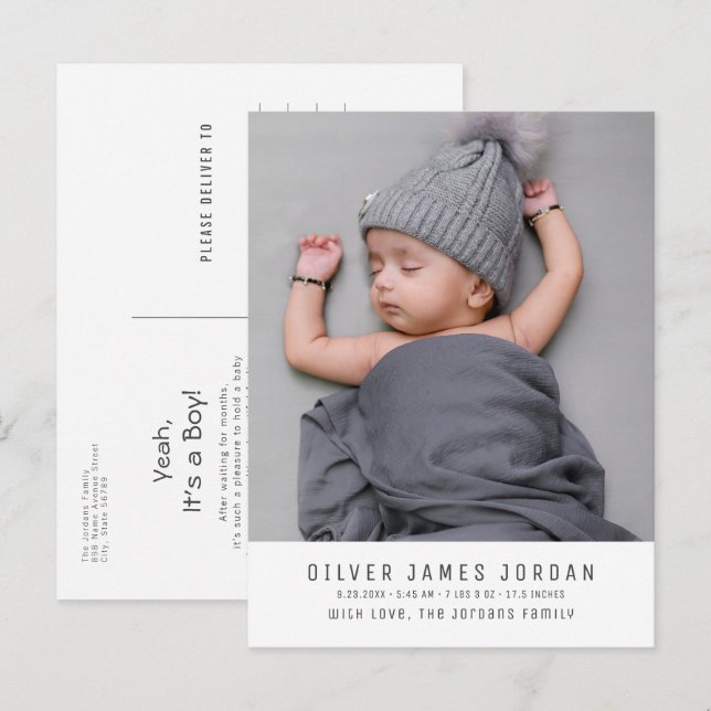 Modern Minimal Baby Boy Birth Announcement Photo Postcard (Front/Back)