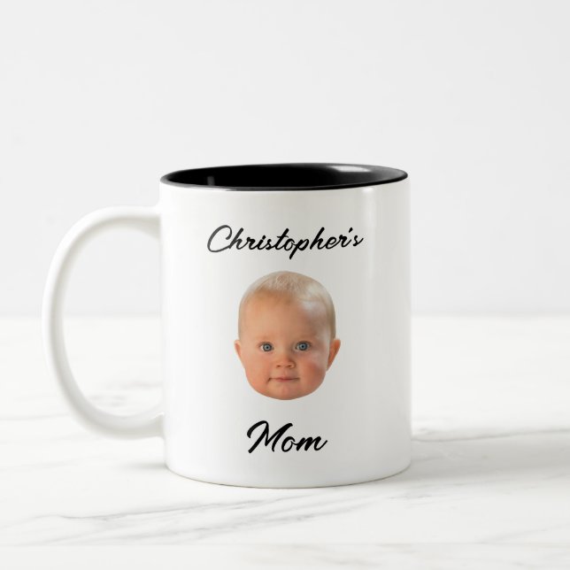 Modern Minimal Baby Face Black Script Mum Gift Two-Tone Coffee Mug (Left)