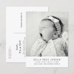 Modern Minimal Baby Girl Birth Announcement Photo Postcard