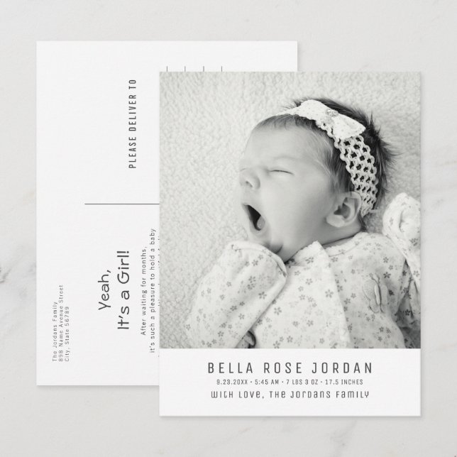 Modern Minimal Baby Girl Birth Announcement Photo Postcard (Front/Back)