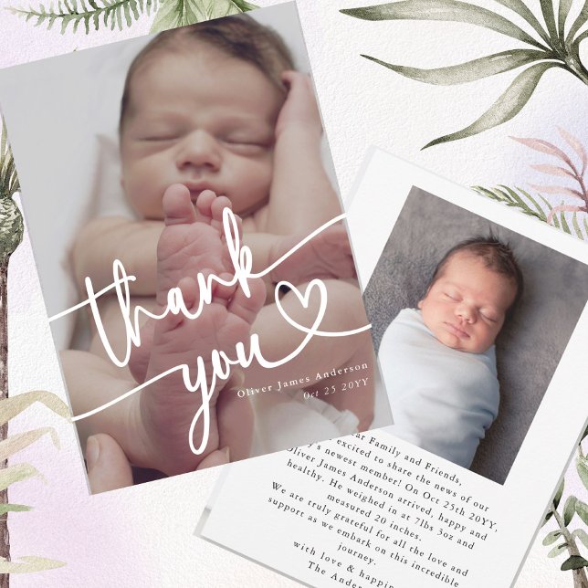 Modern Minimal Baby Photo Thank You Script Heart   Card (Creator Uploaded)