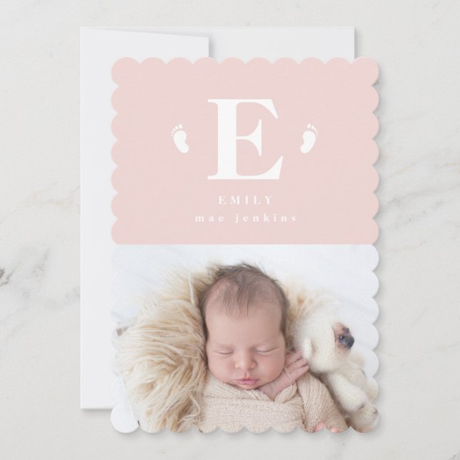 Modern minimal baby toes initial birth announcement (Front)