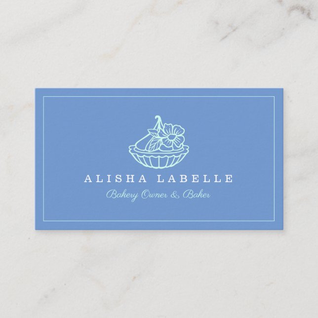 Modern & Minimal Bakery Floral Tart Logo Blue Business Card (Front)