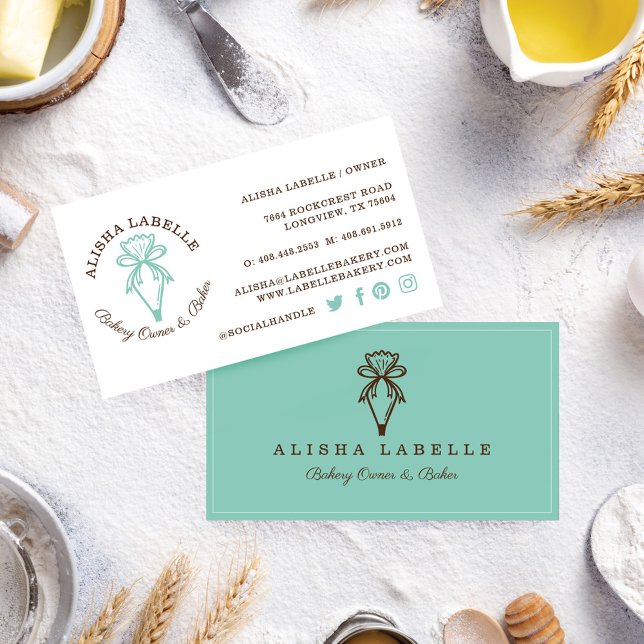 Modern & Minimal Bakery Style Piping Bag Logo Teal Business Card (Creator Uploaded)