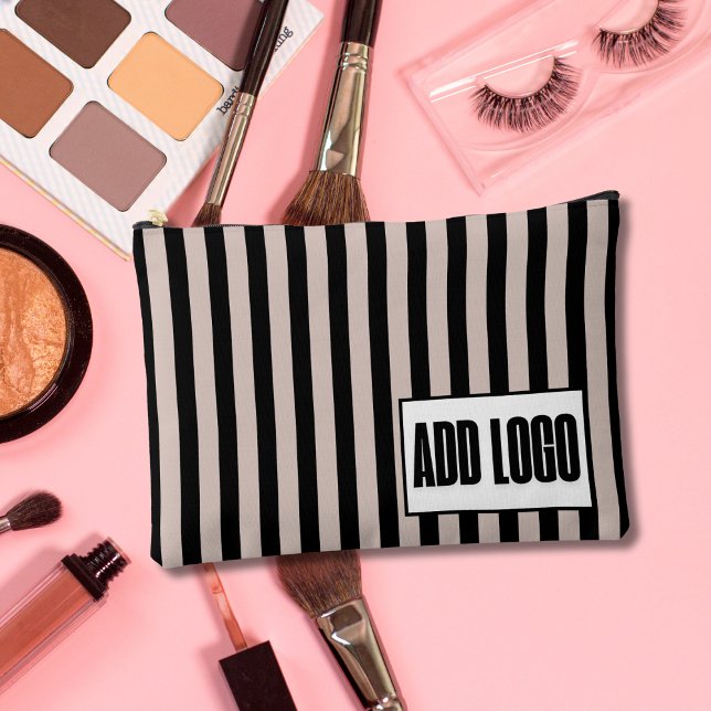 Modern Minimal Beige Black Stripes Business Logo Accessory Pouch (Creator Uploaded)