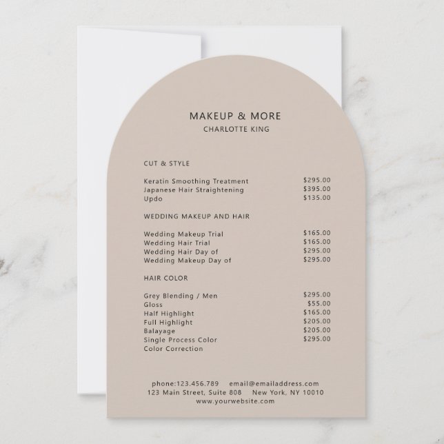 Modern, Minimal, Beige-Brown, Salon Price List  Invitation (Front)