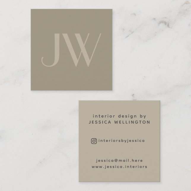 Modern Minimal Beige Monogram Interior Design Square Business Card (Front/Back)