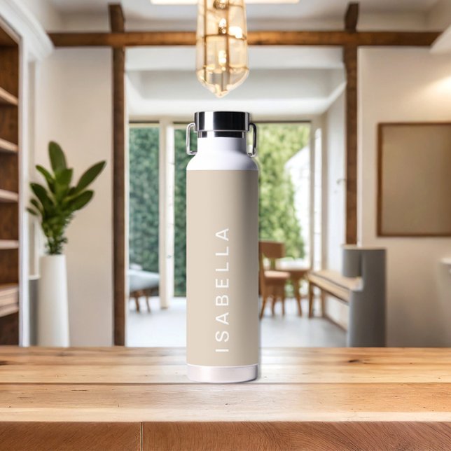 Modern Minimal Beige Personalised Name Water Bottle (Creator Uploaded)