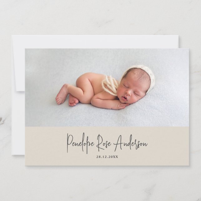 Modern minimal beige simple photo birth announcement (Front)