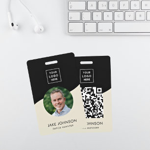 Modern Minimal Beige Staff Employee QR Code Badge ID Badge