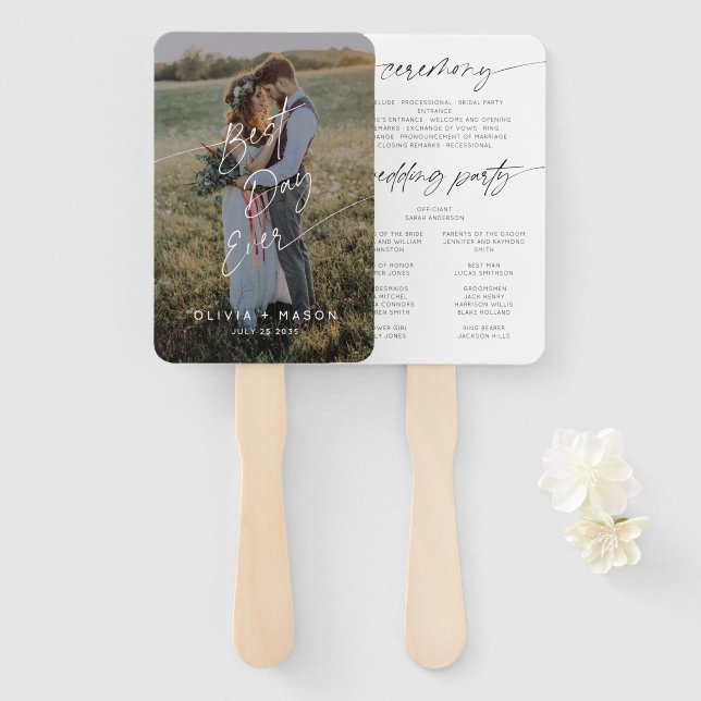 Modern Minimal Best Day Ever Script Photo Wedding Hand Fan (Front and Back)