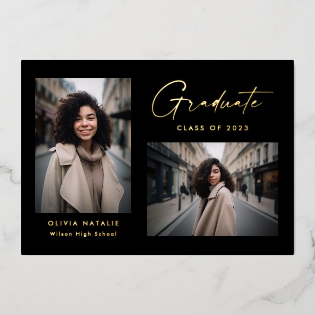  Modern Minimal Black and Gold 2 Photo Graduation (Front)