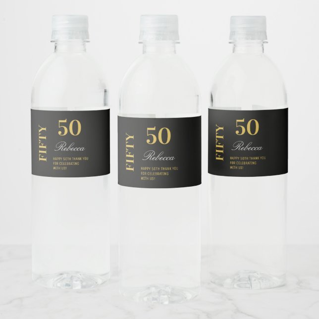 Modern Minimal Black and Gold 50th Birthday Party  Water Bottle Label (Bottles)