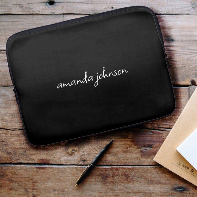 Modern Minimal Black and White Full Name Monogram Laptop Sleeve (Creator Uploaded)