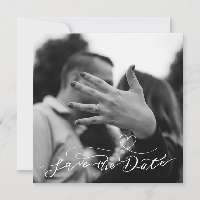 Modern Minimal Black and White Heart Photo  Save The Date (Front)