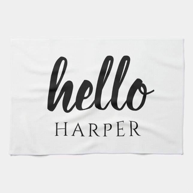 Modern Minimal Black And White Hello And You Name Tea Towel (Horizontal)