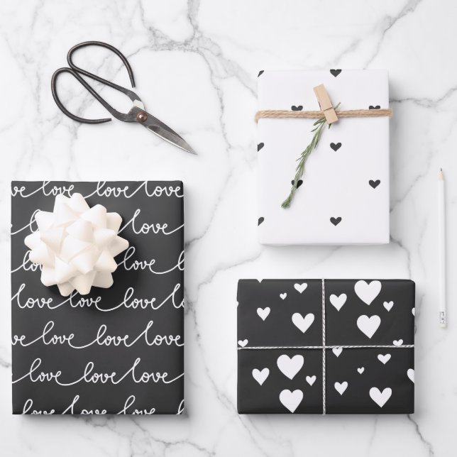 Modern Minimal Black and White Valentine Wrapping Paper Sheet (Front)