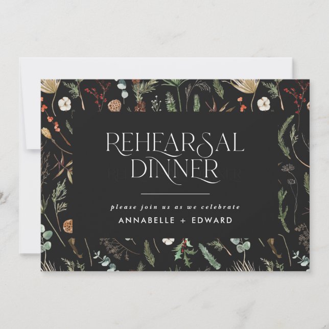 Modern Minimal black botanical Rehearsal Dinner Invitation (Front)