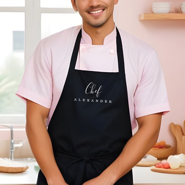 Modern Minimal Black Chef Kitchen Custom Name Apron (Modern Minimal Black Chef Kitchen Custom Name Apron)