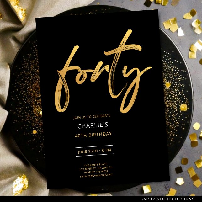 Modern Minimal Black Gold 40th Birthday Invitation (FAUX gold invite shown in 5 x 7 inches with square corners. Choose corners, paper style, and size.)