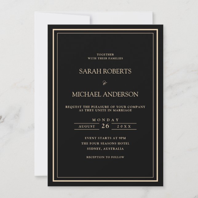 Modern Minimal Black Gold Script Frame Wedding Invitation (Front)