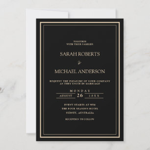Modern Minimal Black Gold Script Frame Wedding Invitation