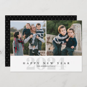 Modern Minimal Black & Grey 2 Photo Happy New Year Holiday Card