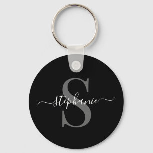 Modern Minimal Black Monogram Initial First Namw Key Ring