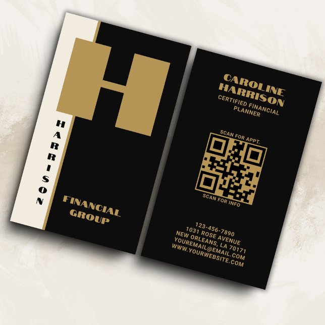 Modern Minimal Black Monogram Vertical QR code Business Card (Fully editable to reflect your business branding.)
