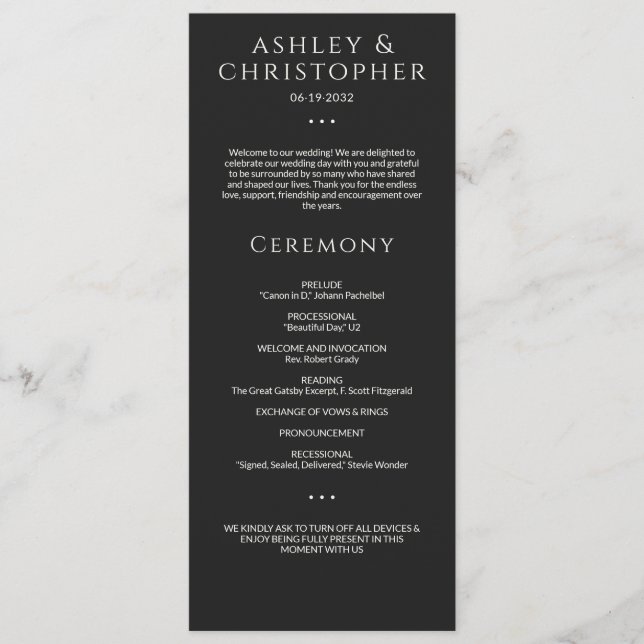 Modern Minimal Black Noir Wedding Ceremony Programme (Front)