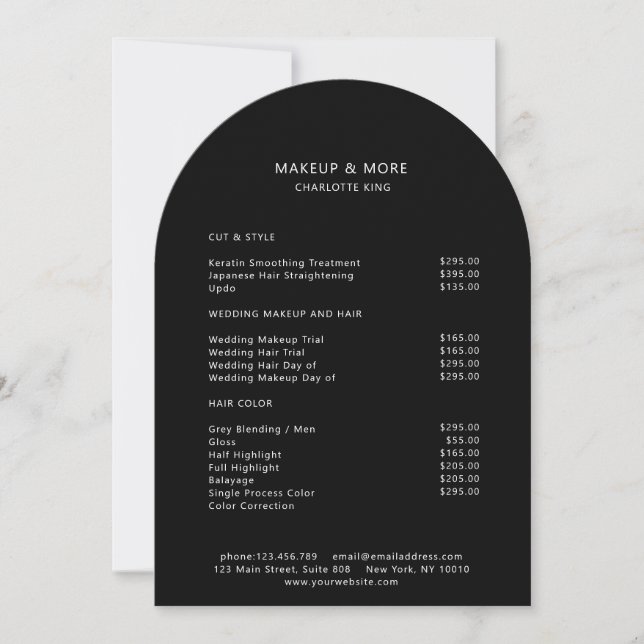 Modern, Minimal, Black, Salon Price List  Invitation (Front)
