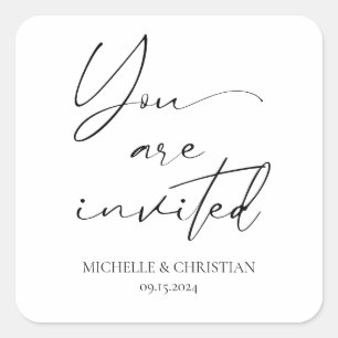 Modern Minimal Black Script Calligraphy Wedding Square Sticker