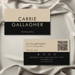Modern Minimal Black Tan Geometric Monogram QR Business Card