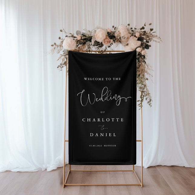 Modern, minimal, black wedding banner (Modern, minimal, black, wedding banner. Elegant with handwriting typography.)