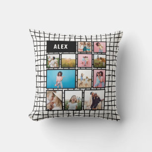 Modern minimal black white 12 photo family cushion